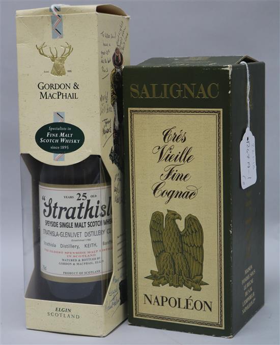 One bottle of Salignac Napolean cognac and one bottle Strathisla